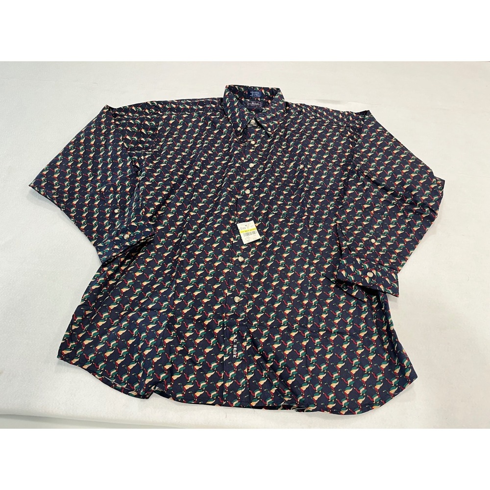 J.G. HOOK Mens XL Navy Duck Print Button Down Shirt 100% Cotton Casual